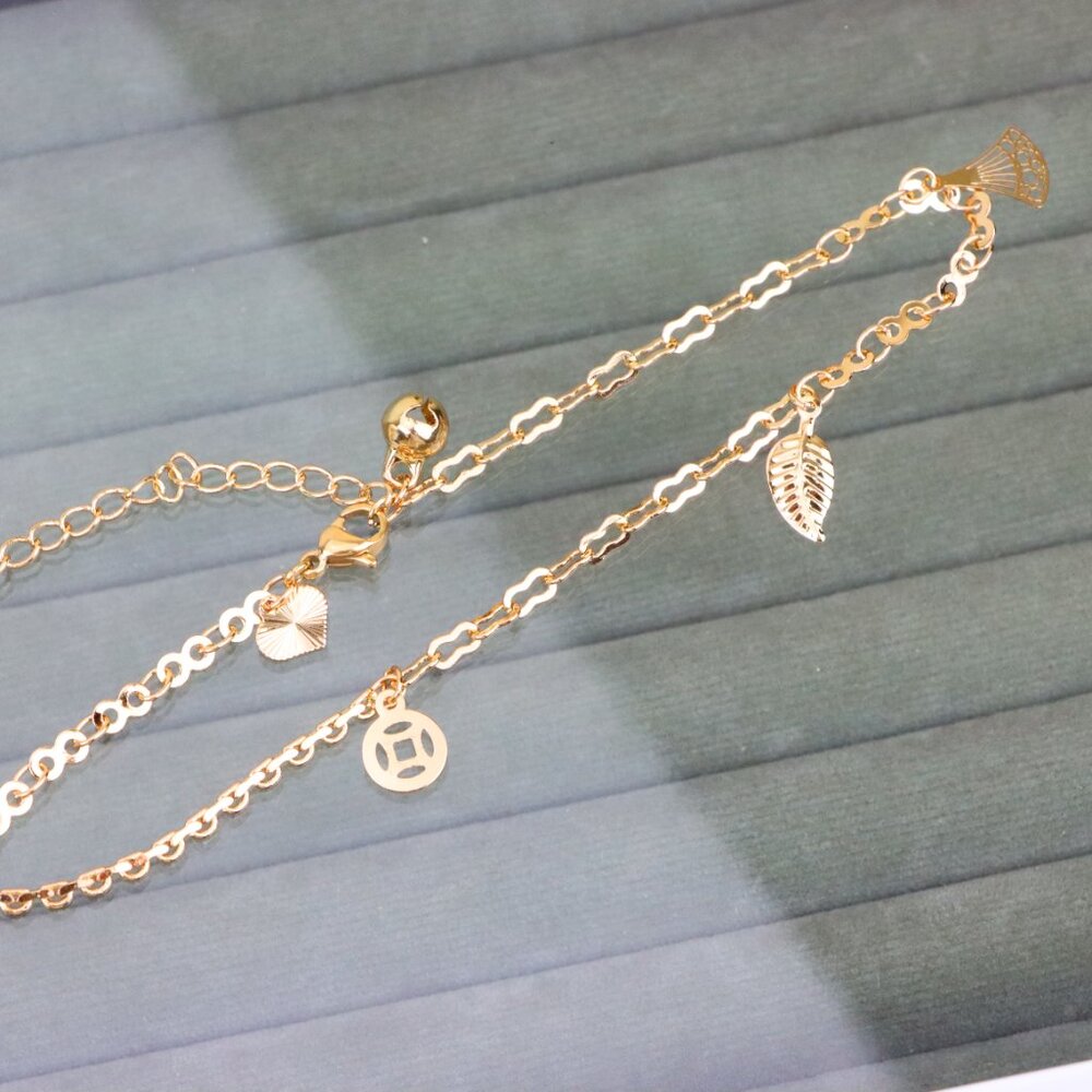 Rose Gold Leaf Charm Anklet With Polished Dual Chain Design Xpal1186 29$